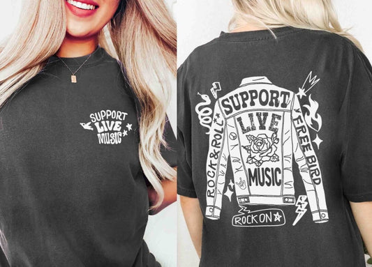 “Support Live Music or Die Bored" Leather & Lyrics Tee