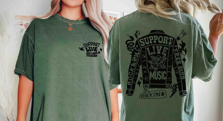 “Support Live Music or Die Bored" Leather & Lyrics Tee