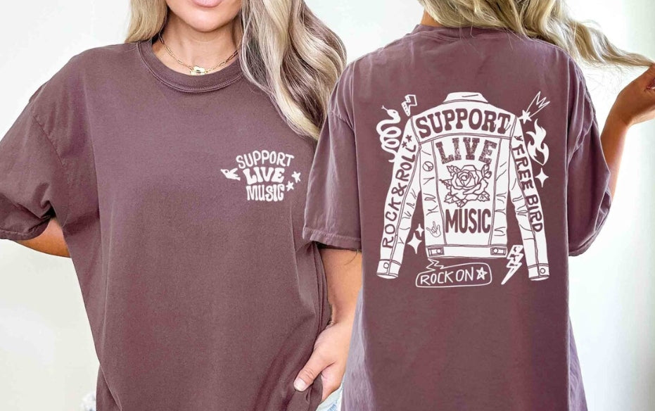 “Support Live Music or Die Bored" Leather & Lyrics Tee