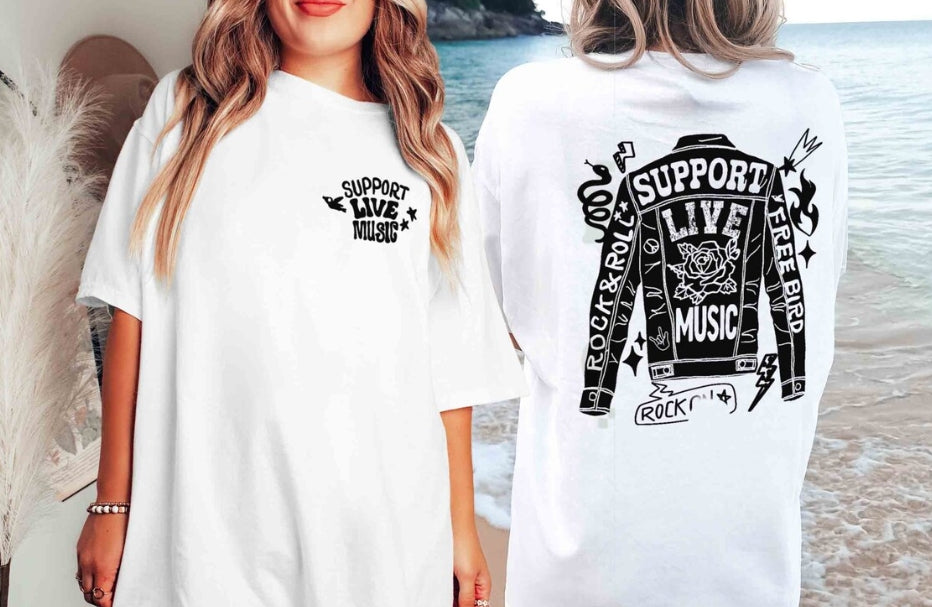 “Support Live Music or Die Bored" Leather & Lyrics Tee