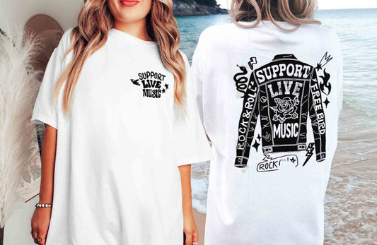 “Support Live Music or Die Bored" Leather & Lyrics Tee