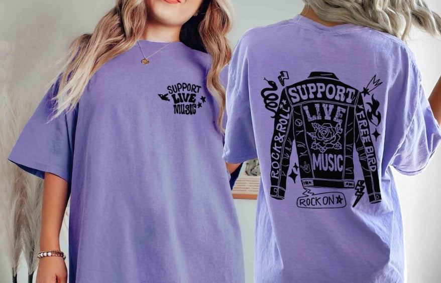 “Support Live Music or Die Bored" Leather & Lyrics Tee
