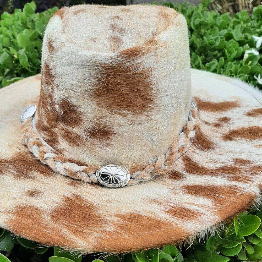 Cowhide Rancher Cowboy Hat - White & Tan Patches