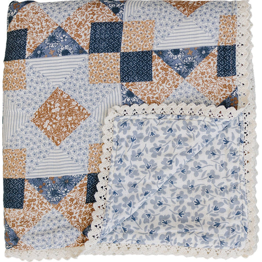 Patchwork Print + Blue Blossom Lace Muslin Quilt