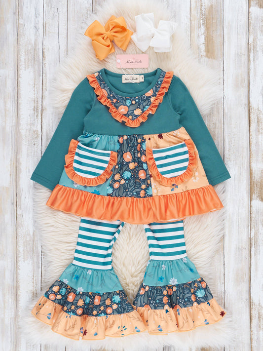 Cobalt & Orange Floral Stripe Bell Bottoms Outfit