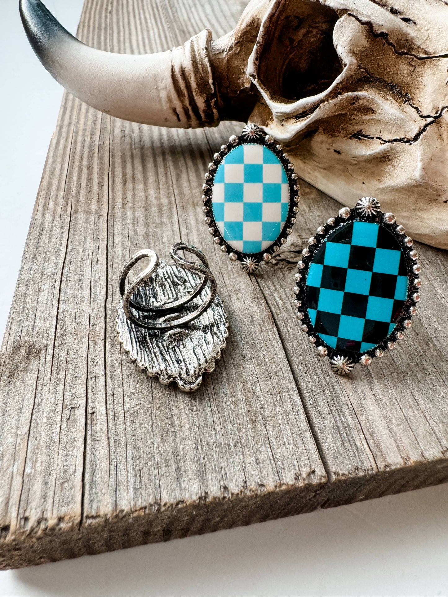 Western Checkered Cuff Ring - oval or lightning bolt
