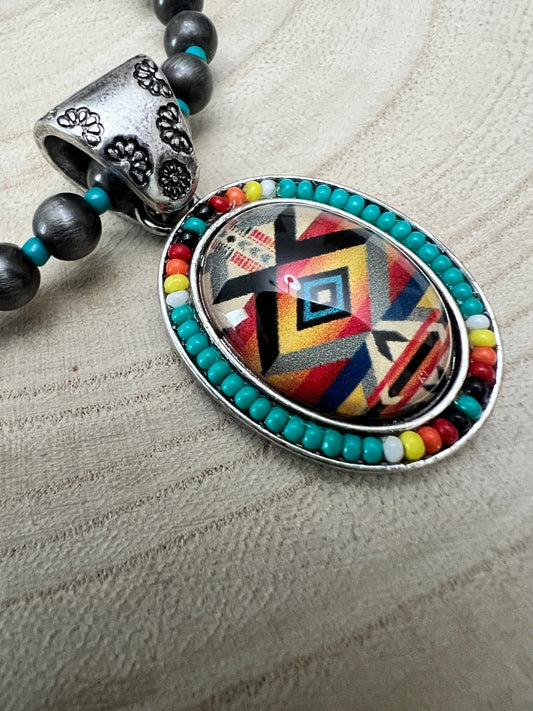 Aztec Pendant with Seed Bead and Faux Pearl and Turquoise Stretch Bracelet