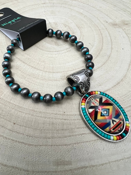 Aztec Pendant with Seed Bead and Faux Pearl and Turquoise Stretch Bracelet