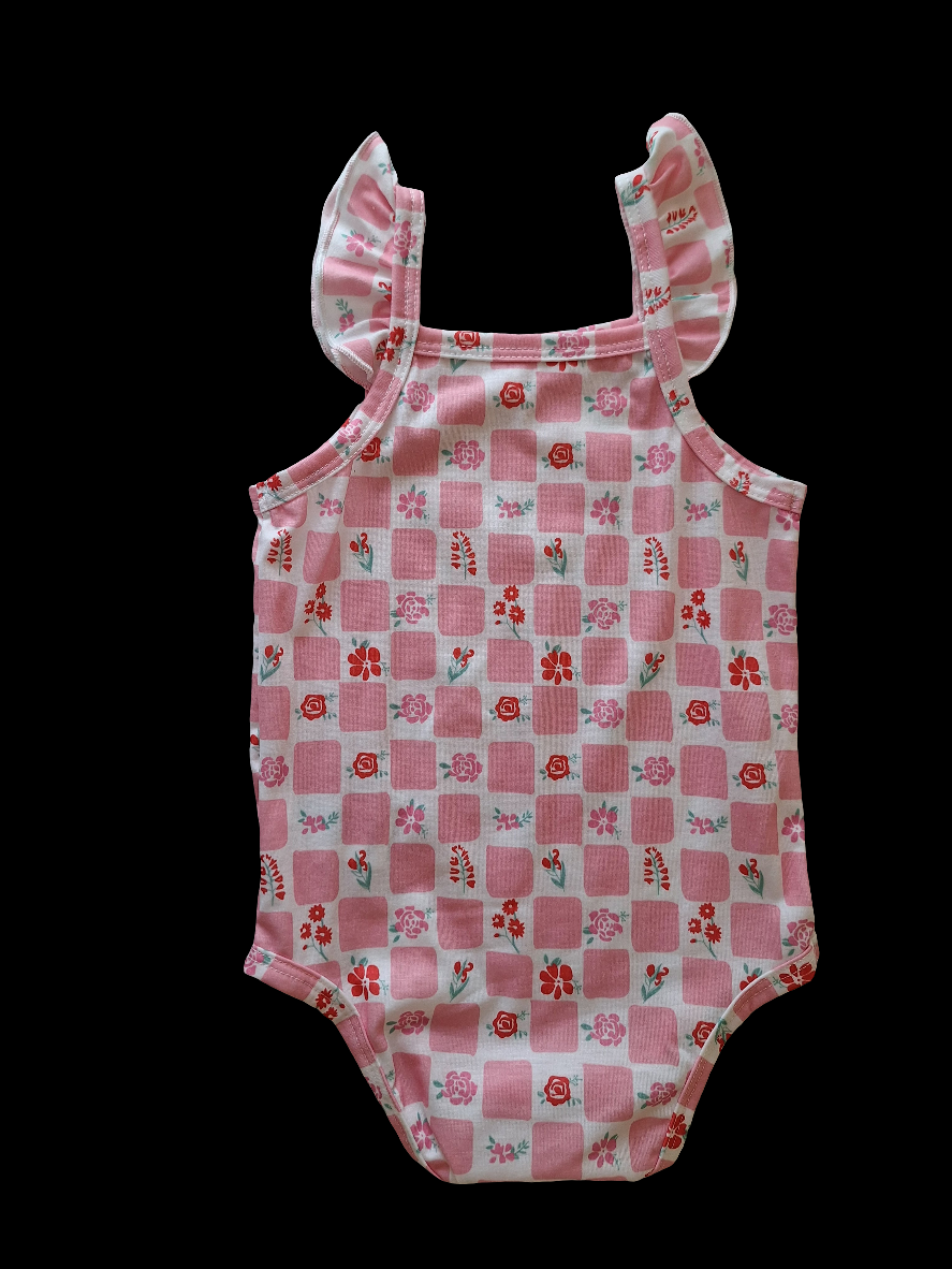 Checkered and Floral Print Romper