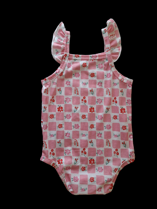 Checkered and Floral Print Romper