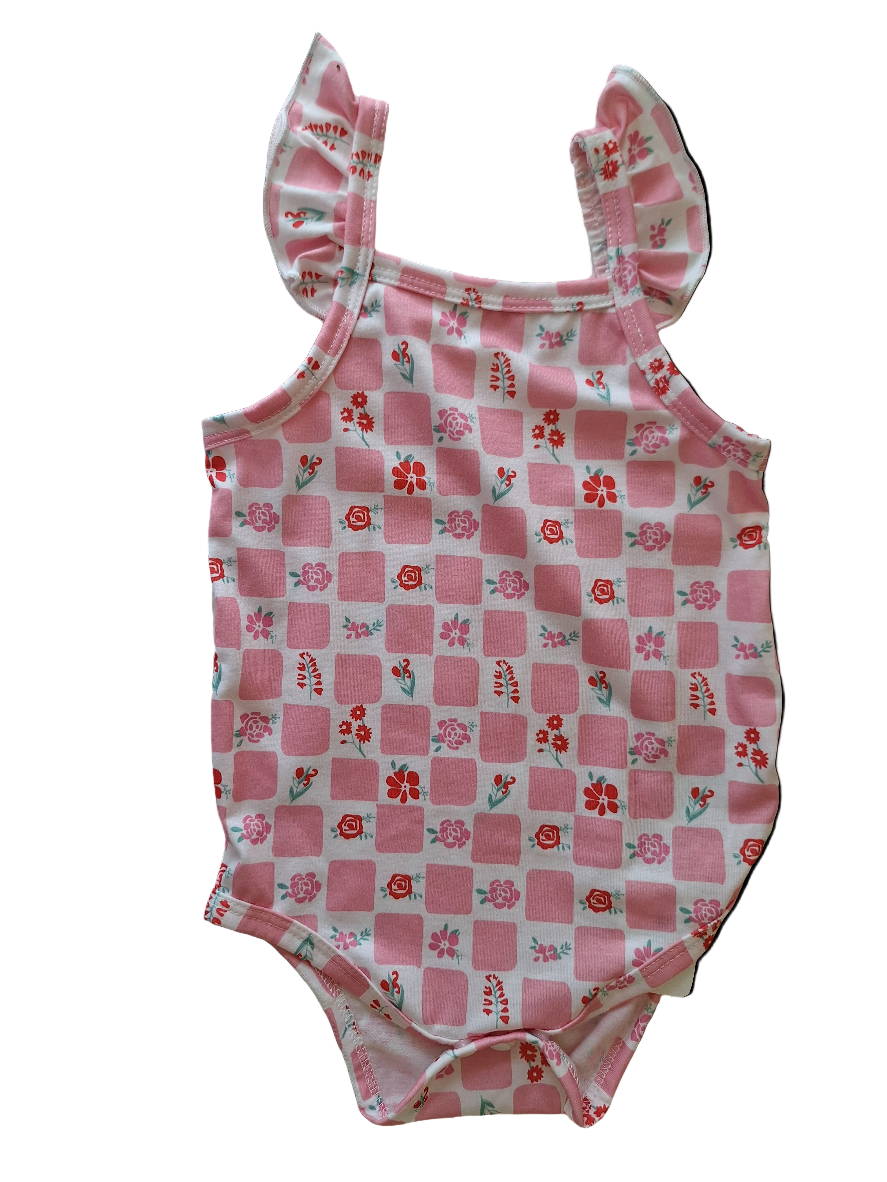 Checkered and Floral Print Romper