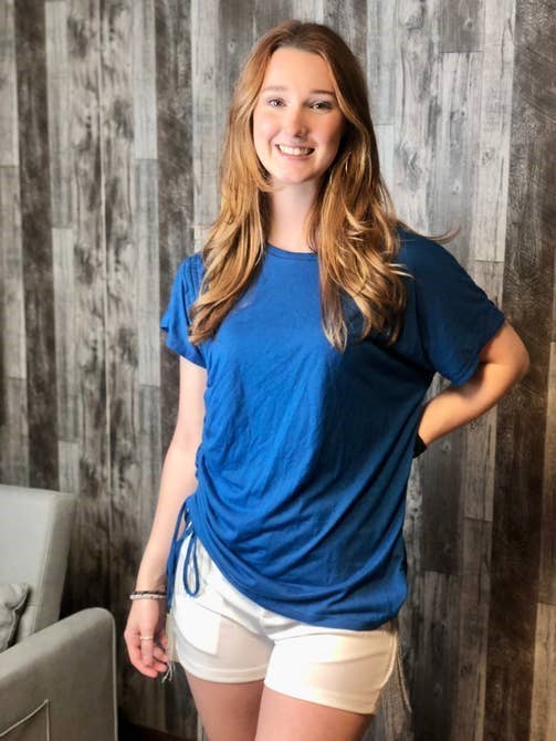 Blue Side-Gathered Tee