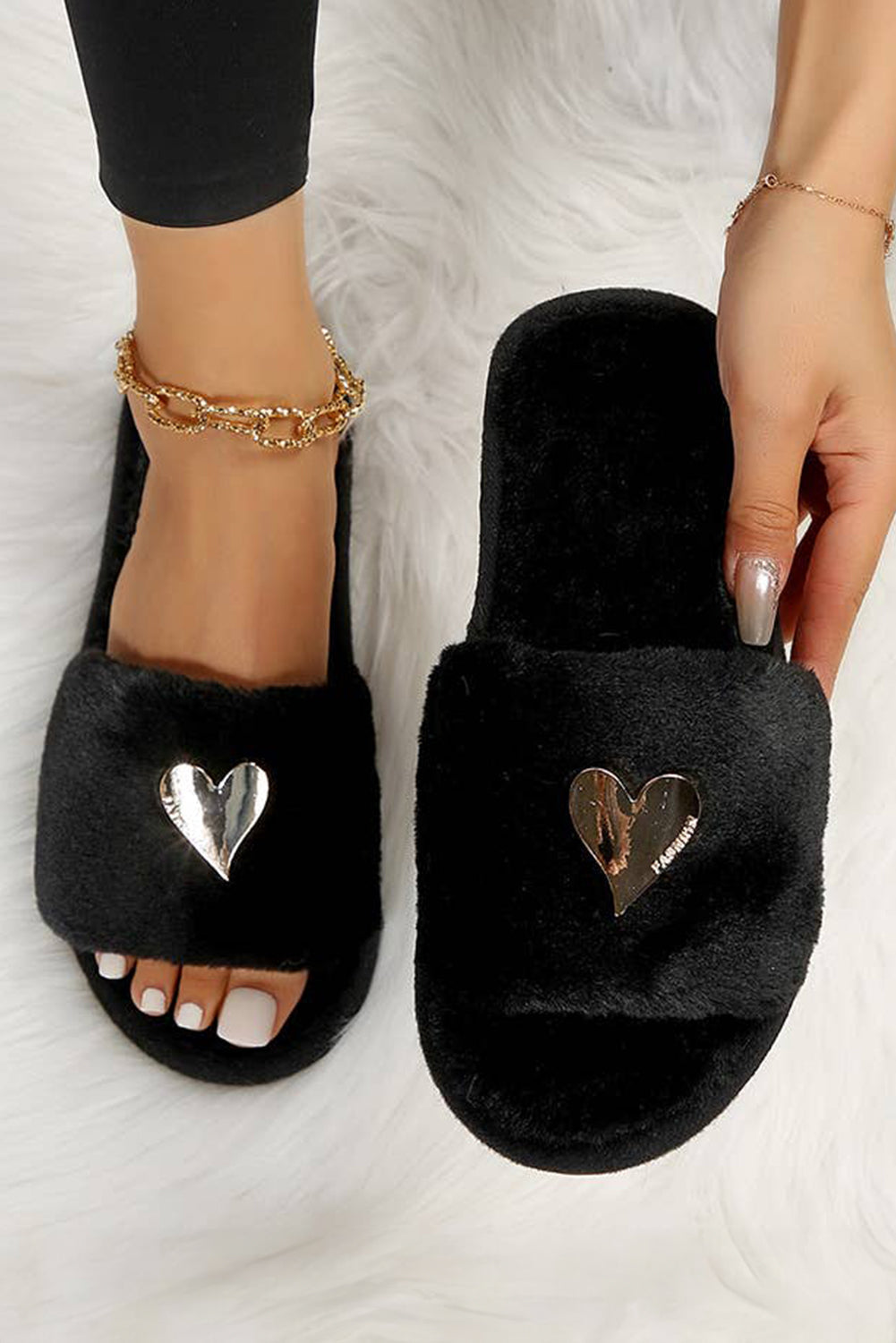 Parchment Heart Open Toe Plush Slippers