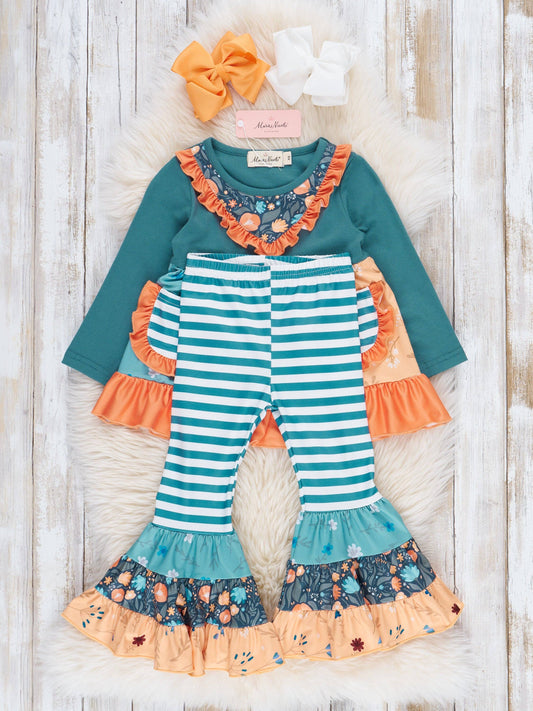 Cobalt & Orange Floral Stripe Bell Bottoms Outfit