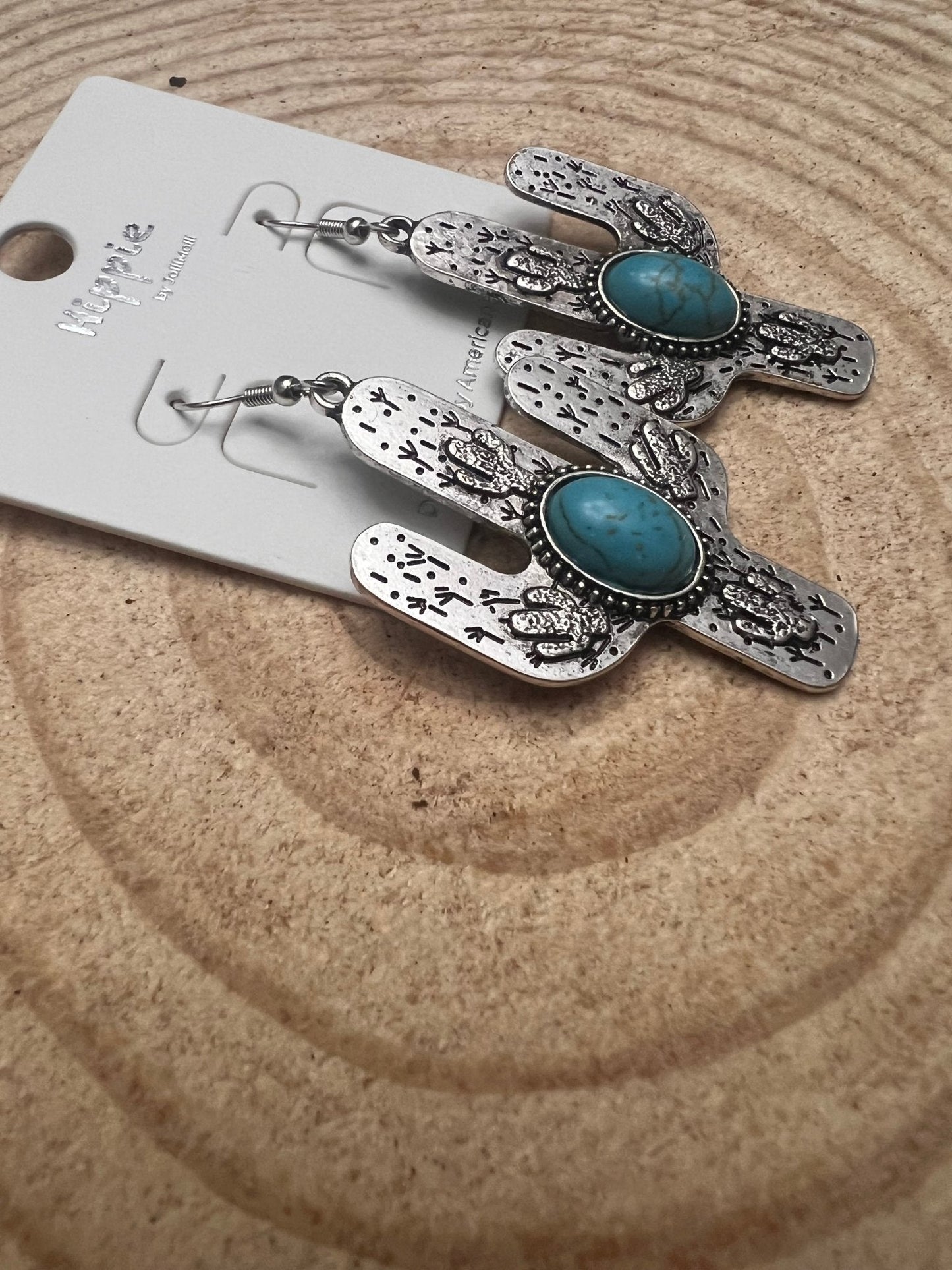 Cactus Dangle Earrings with Faux Turquoise - 2 1/2 inch drop