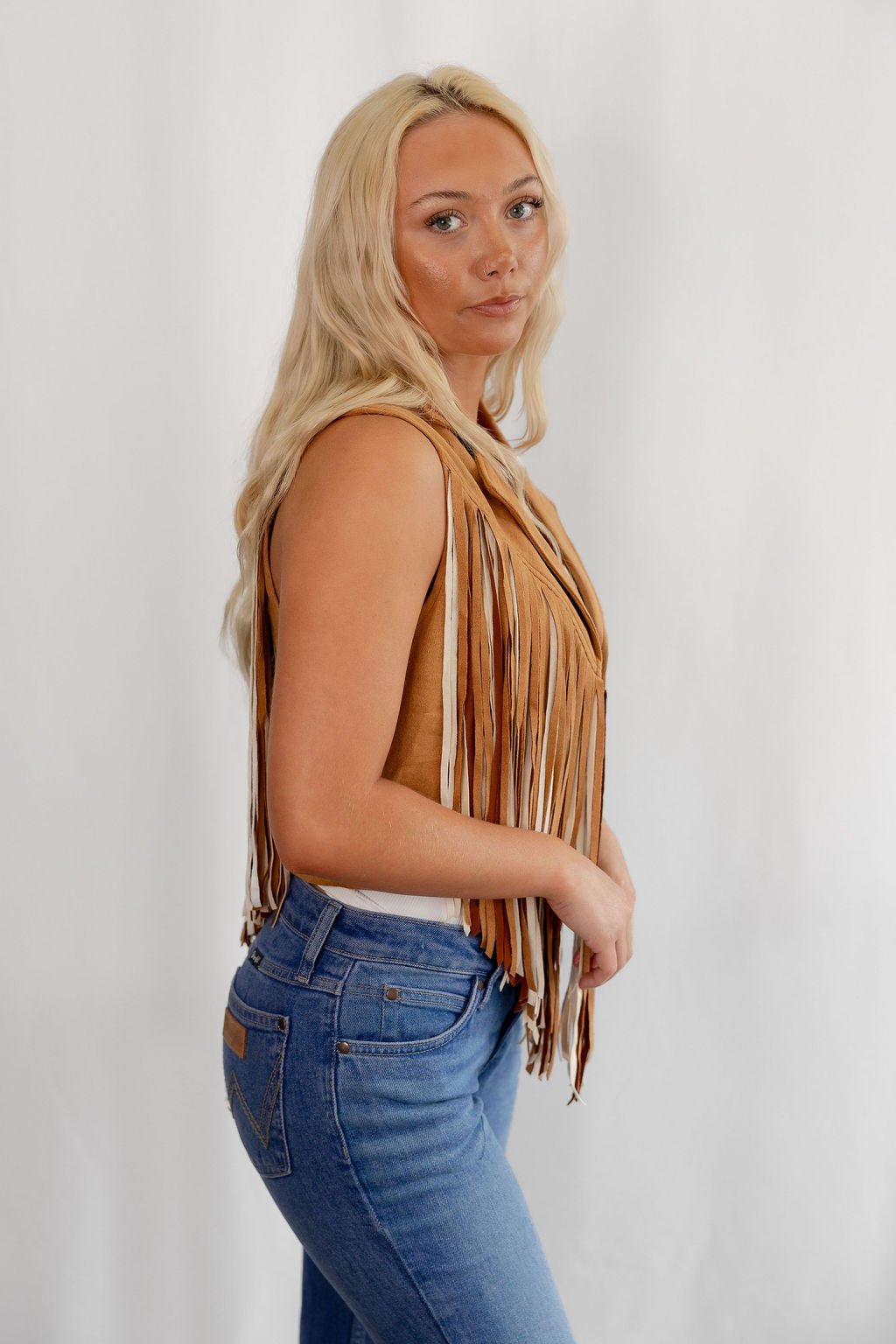 Camel Open Front Fringe Vest