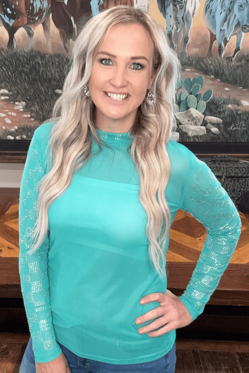 Checked In Turquoise Mesh Top - small remains