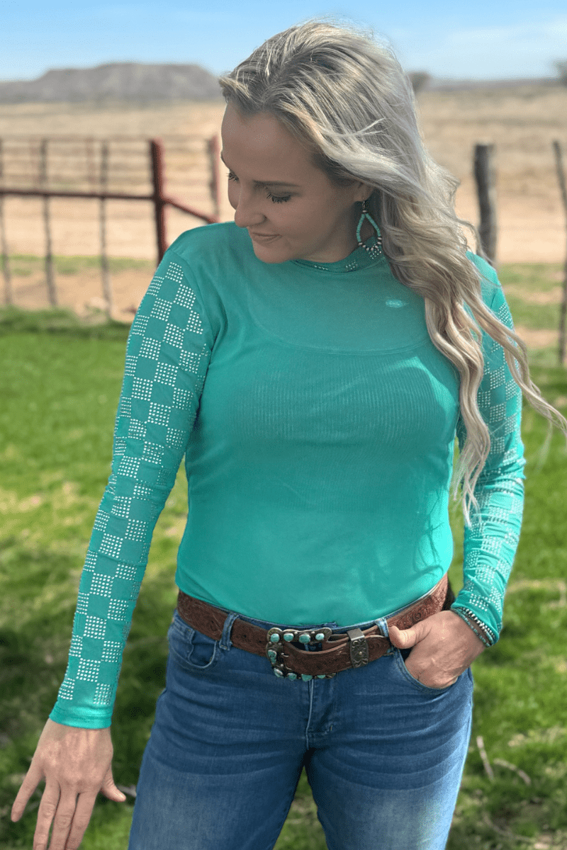 Checked In Turquoise Mesh Top - small remains