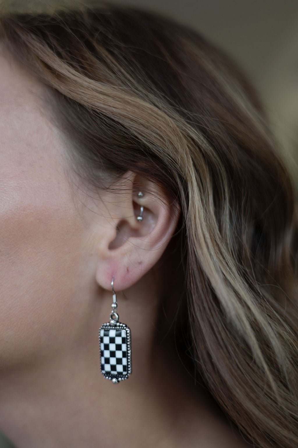 Checkered Rectangle Earrings - 1 1/2 inch drop
