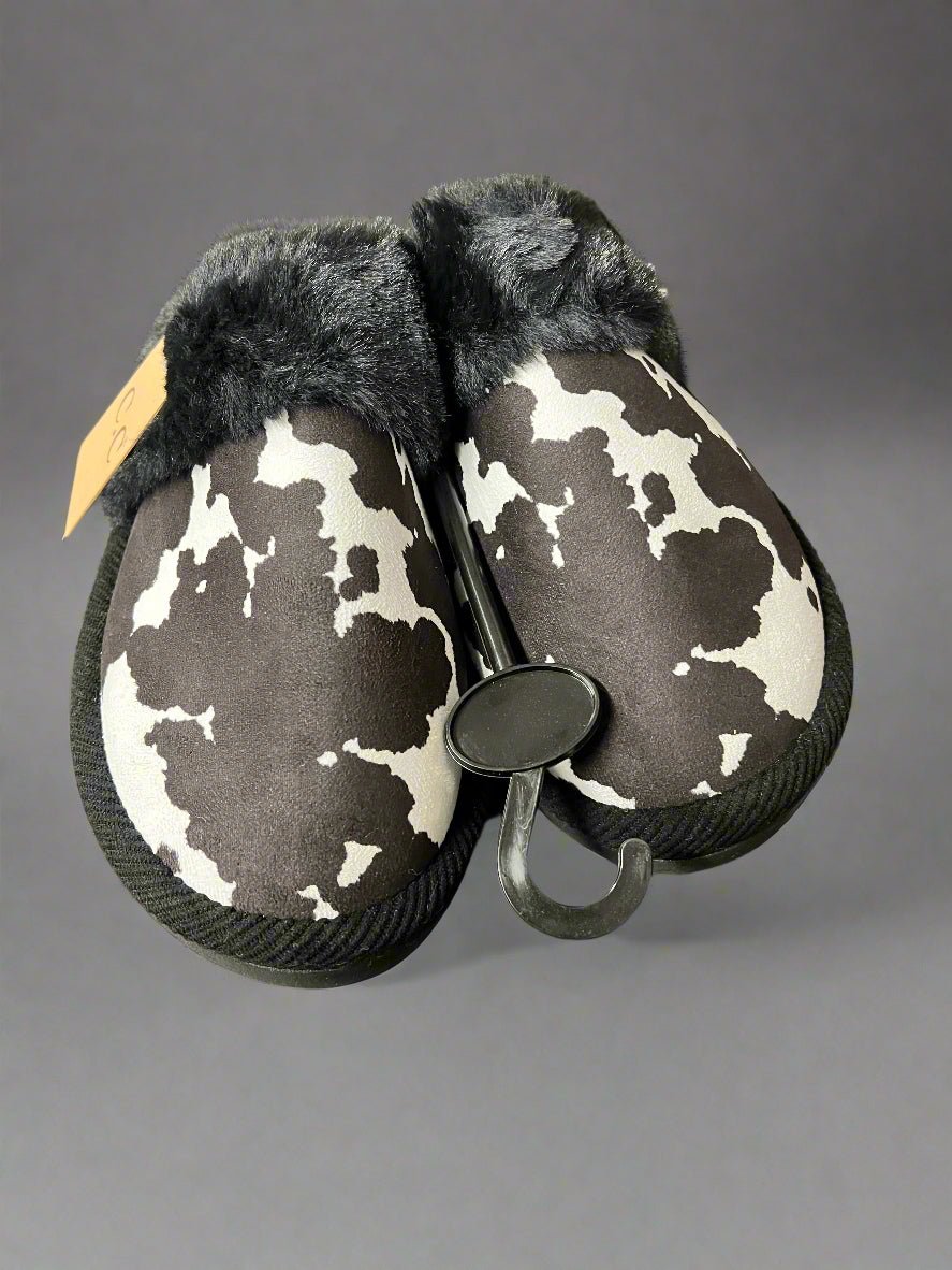 Cow Print Faux Fur Slippers - Black and white