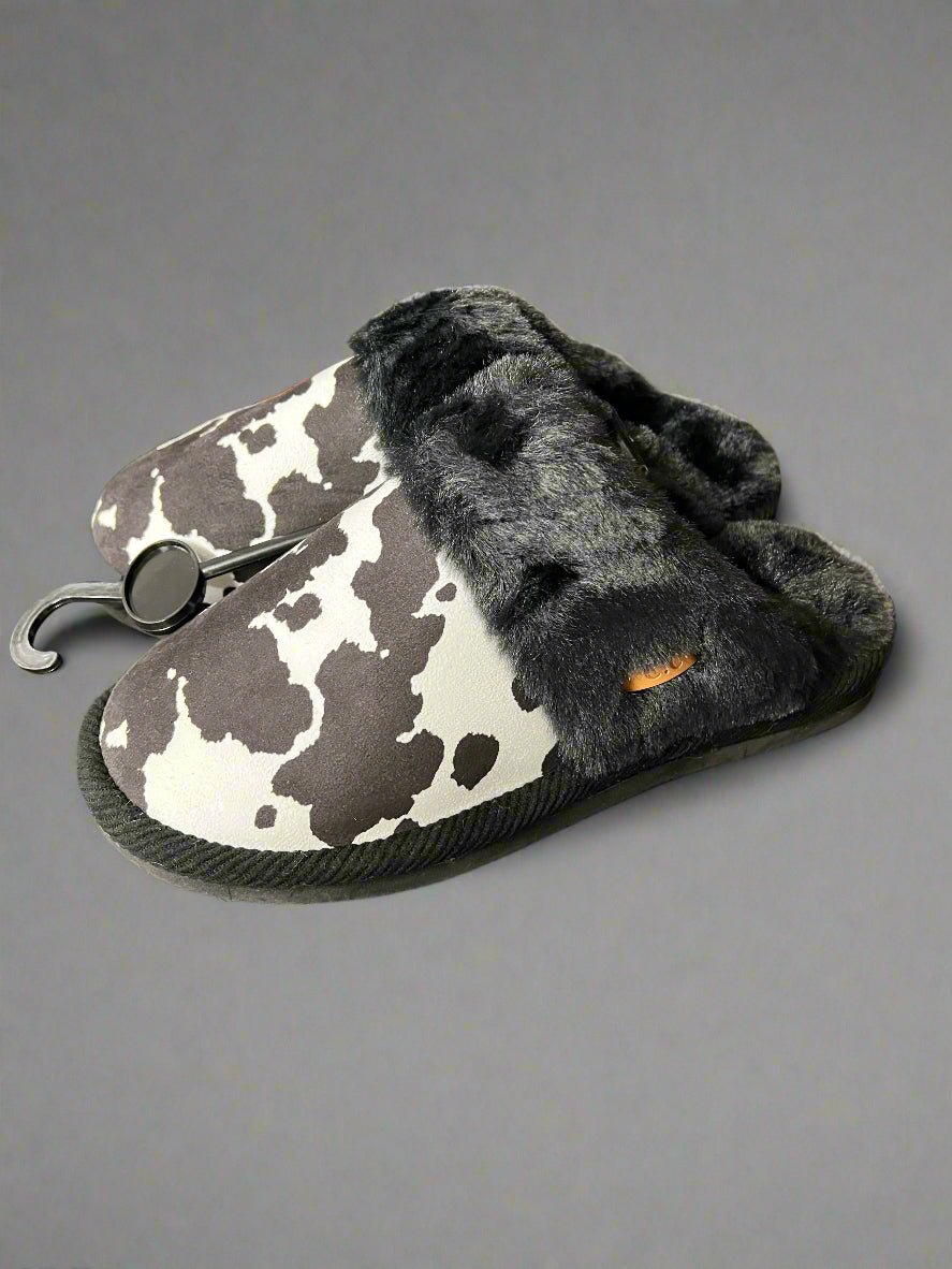 Cow Print Faux Fur Slippers - Black and white