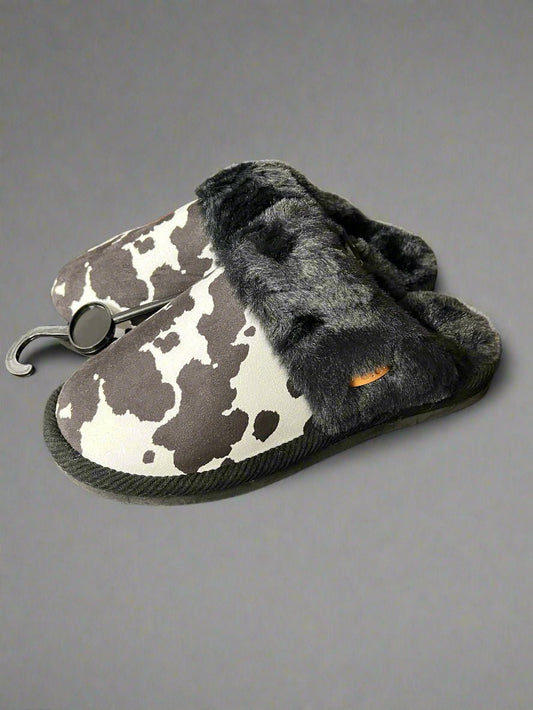 Cow Print Faux Fur Slippers - Black and white