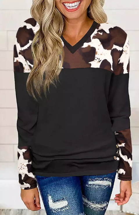 Cowprint Color Block Long Sleeve Top with Button Detail – Last One Size Large