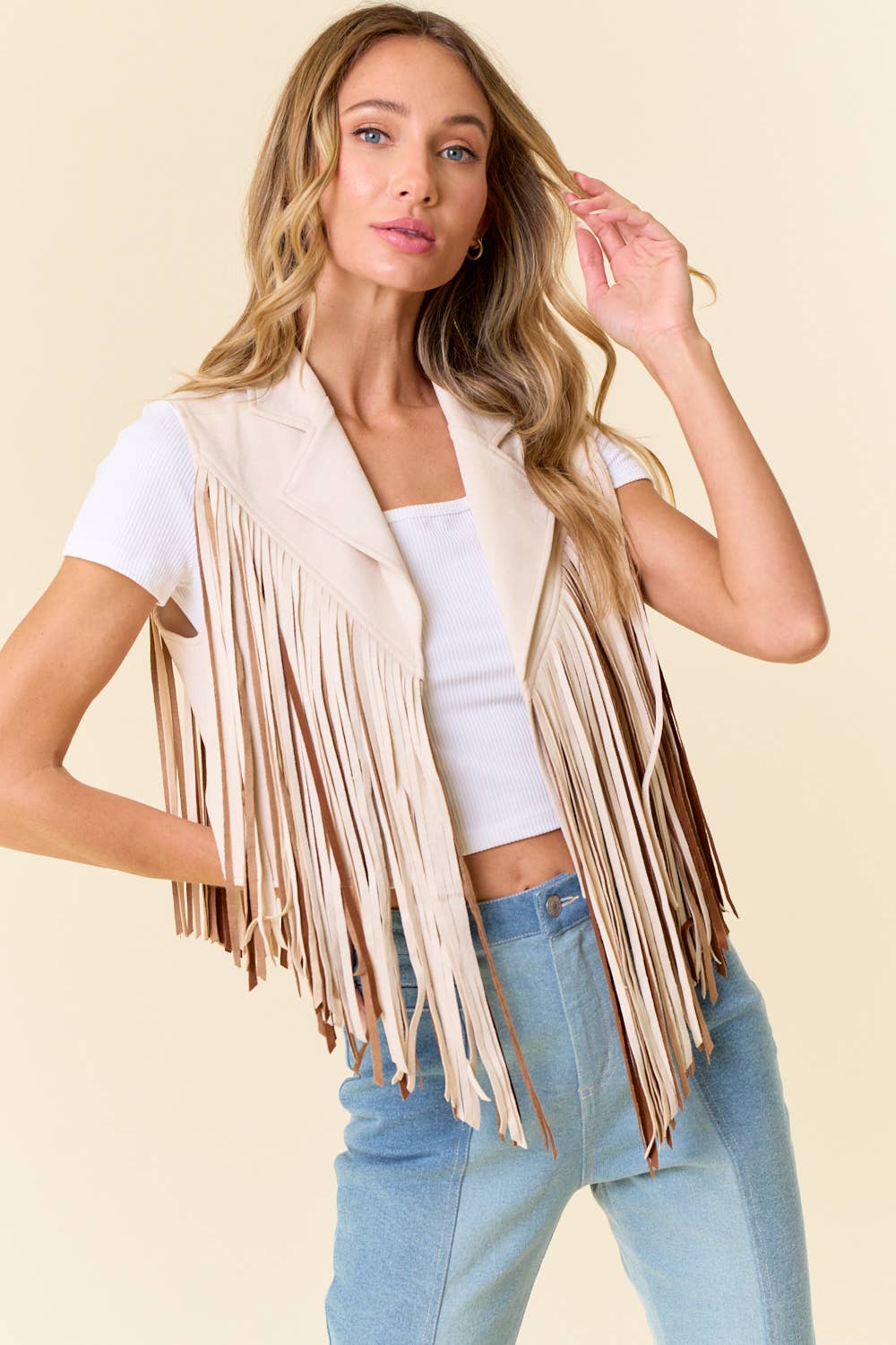 Cream Open Front Contrast Fringe Vest