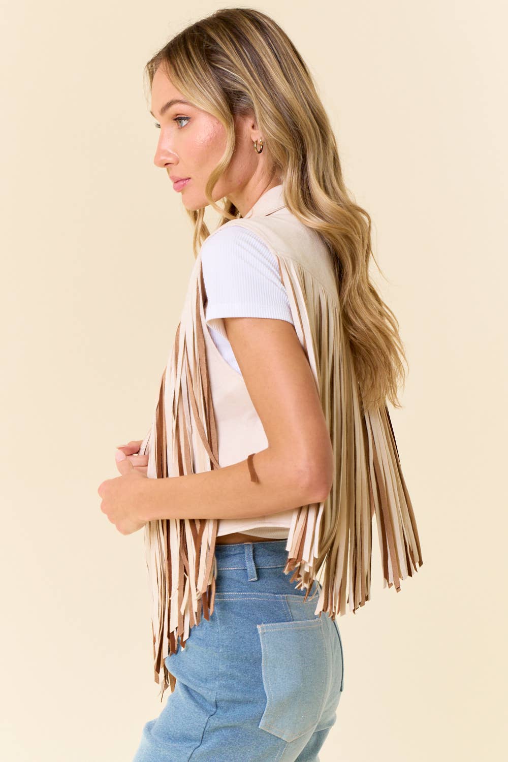 Cream Open Front Contrast Fringe Vest
