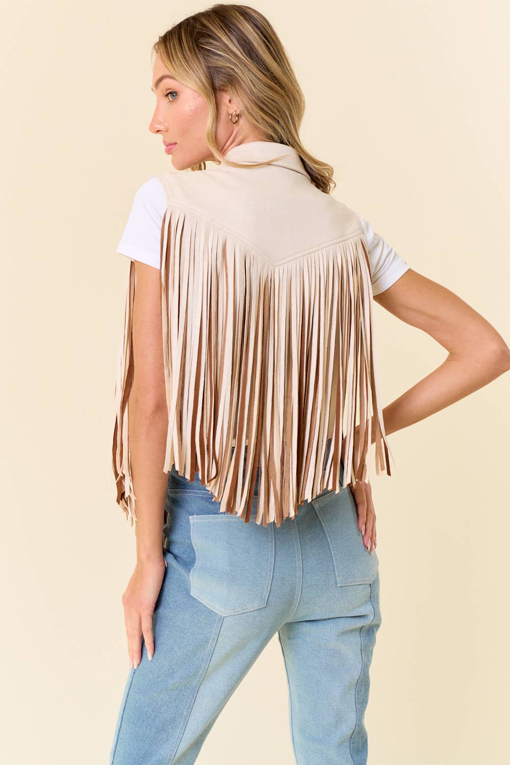 Cream Open Front Contrast Fringe Vest
