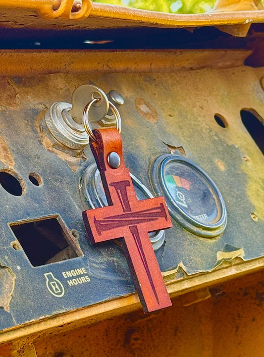 Cross w/Nails Leather Keychain