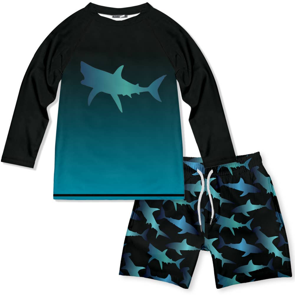 Boys Black Shark Long-Sleeve Rashguard Swimsuit