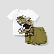 Baby Boy 2pcs Glasses Dinosaur Print Tee and Cargo Shorts Set/ 5 Pairs of Socks/ Sports Shoes