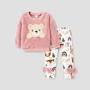 2pcs Toddler Girl Playful Bear Embroidered Polar Fleece Sweatshirt and Bows Design Leggings Set