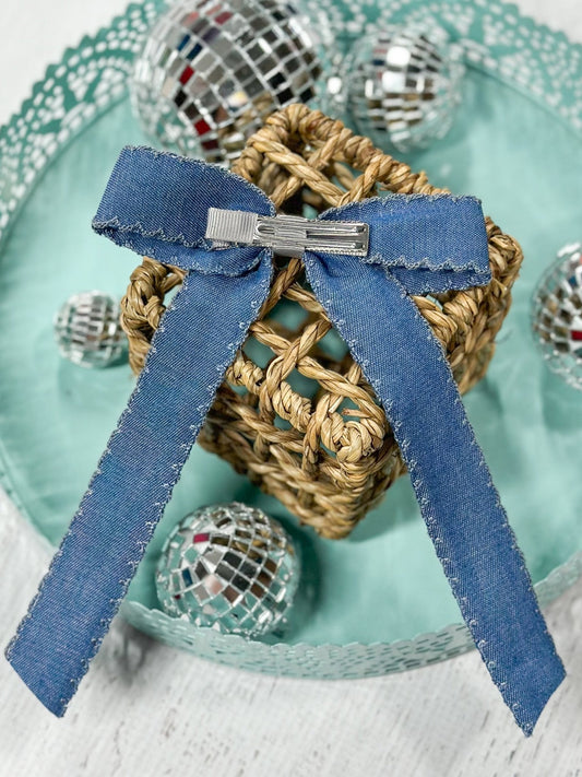 Denim Ruffle Edge Ribbon Hair Bow