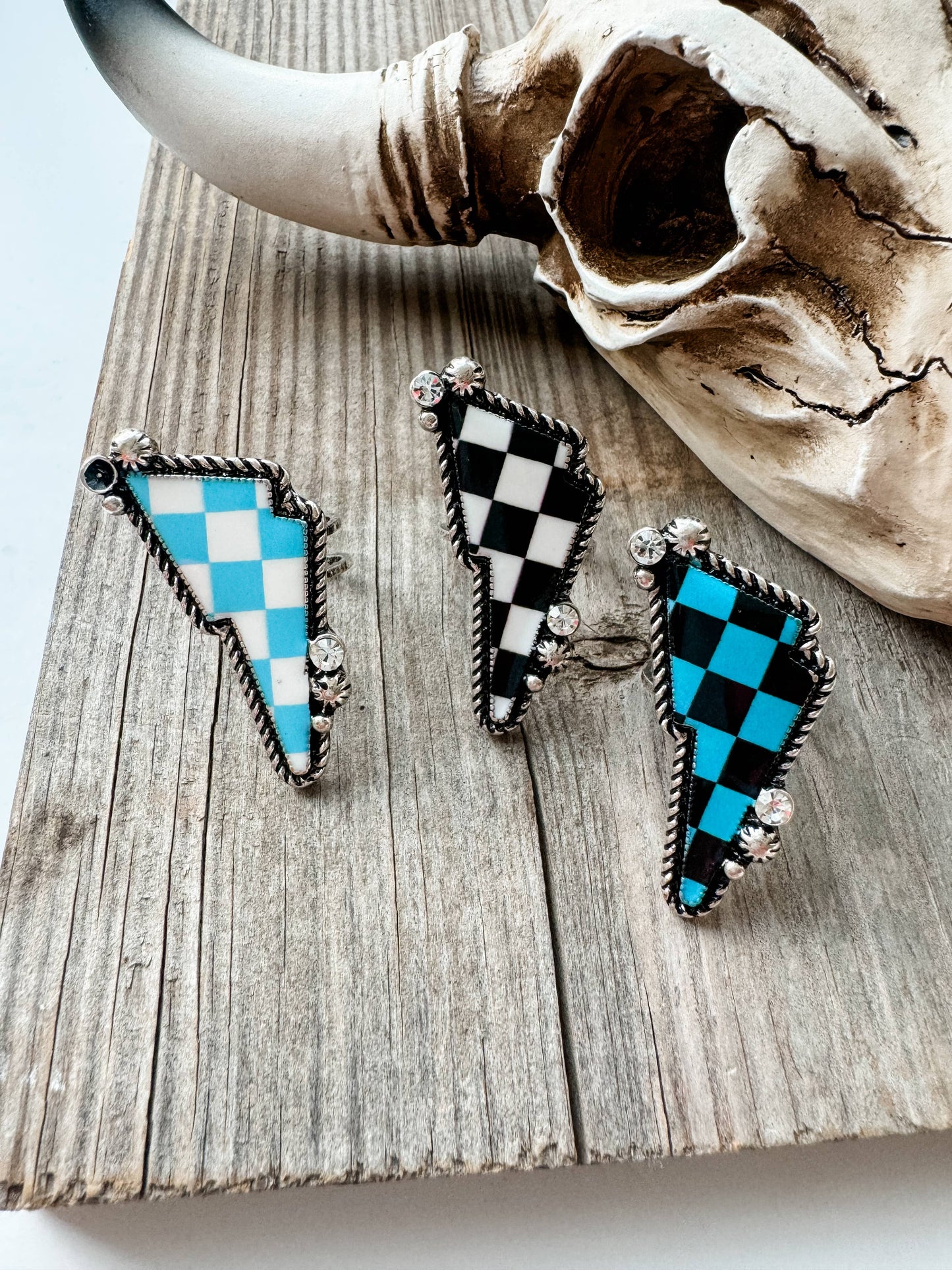 Western Checkered Cuff Ring - oval or lightning bolt