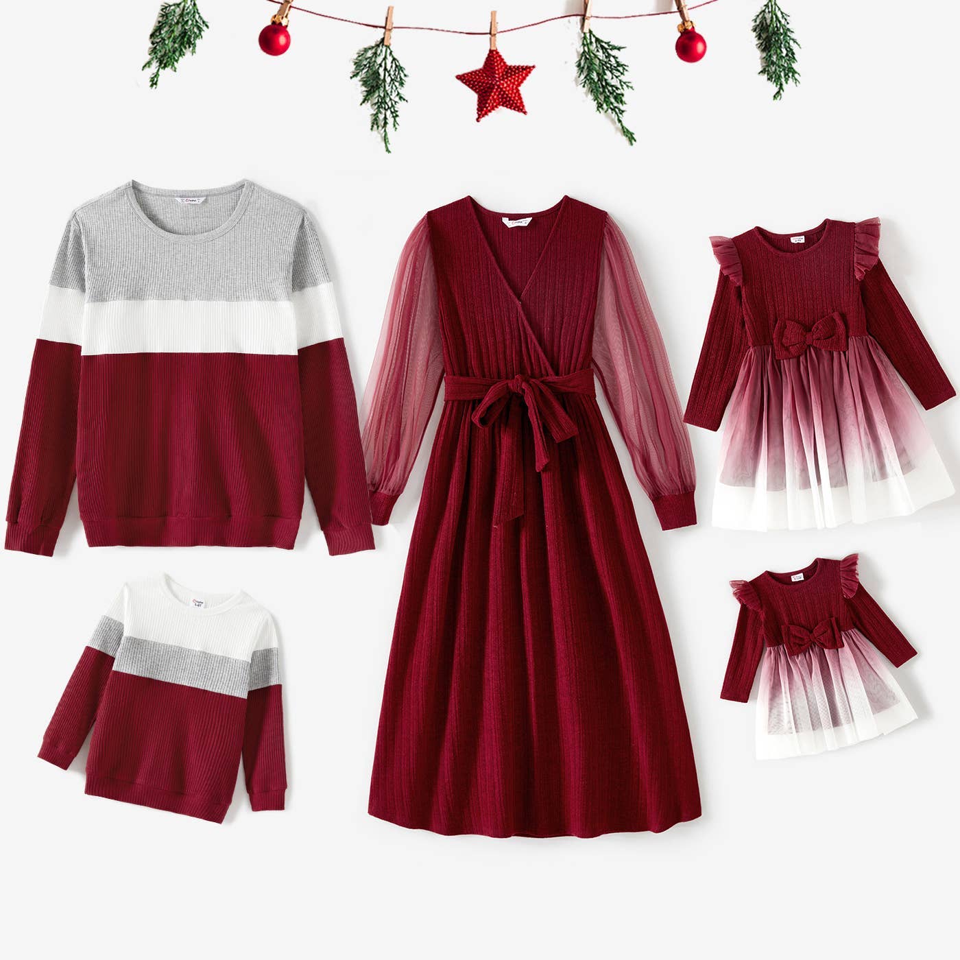 Family Matching Color-Block Tops and Flutter Dresses Sets: Burgundy