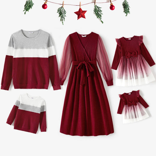 Family Matching Color-Block Tops and Flutter Dresses Sets: Burgundy