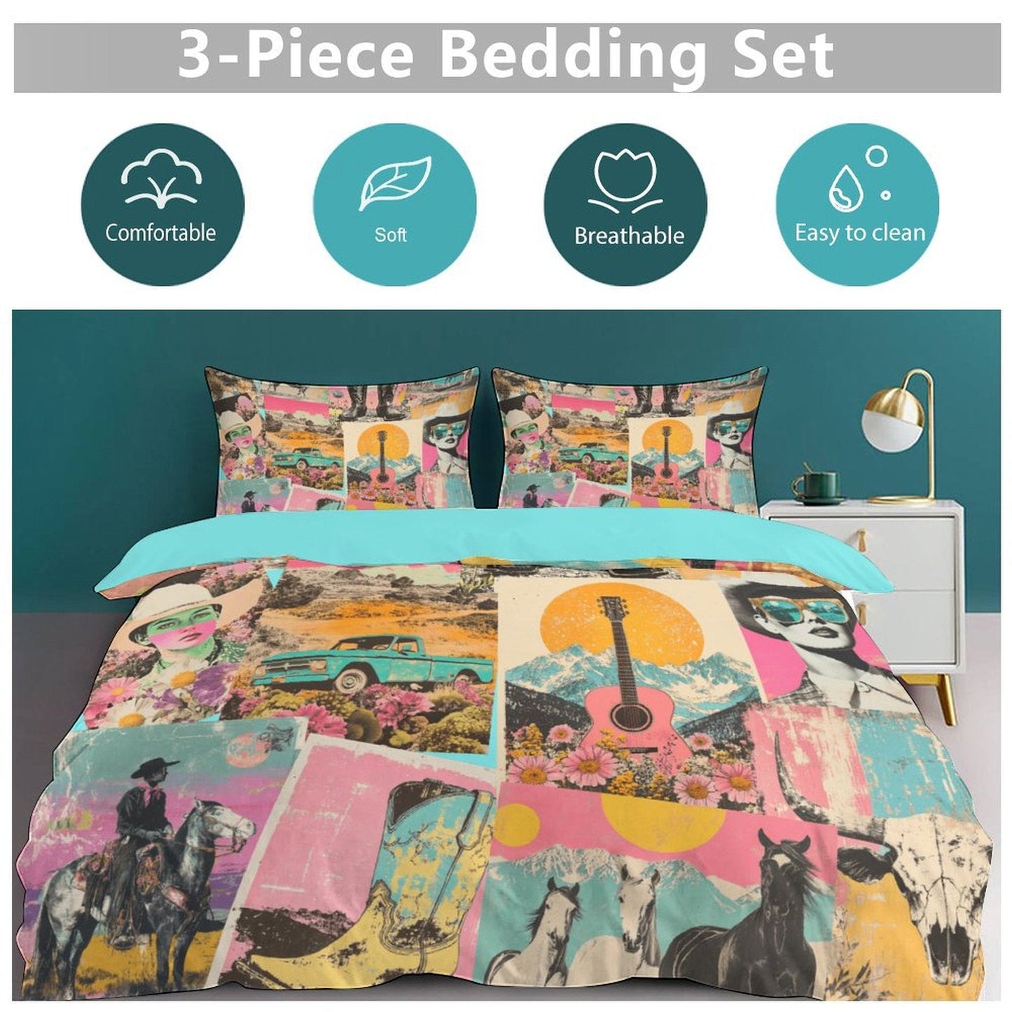 Baha Ranch Retro Pop Western 3-Piece Bedding Set (1 Duvet Cover + 2 Pillow Shams) – 102"×90"
