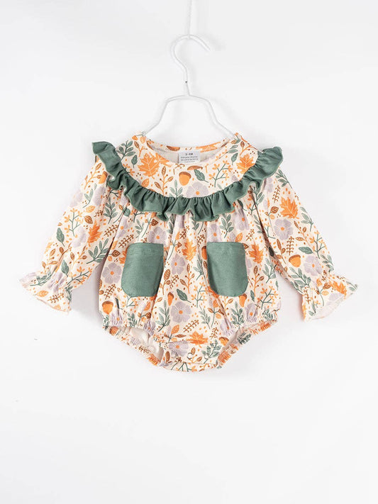 2025 NEW Green Pocket Floral Print Ruffle Baby Girl Romper