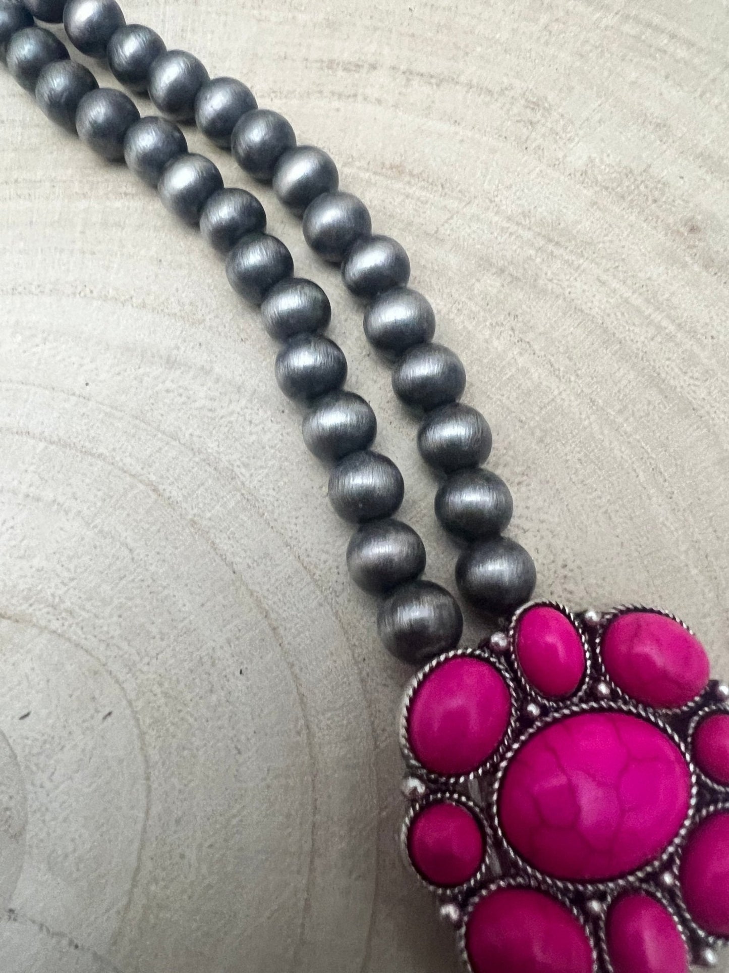 Faux Pink Squash Blossom Necklace on Double Strand Pearls -  18 inch necklace