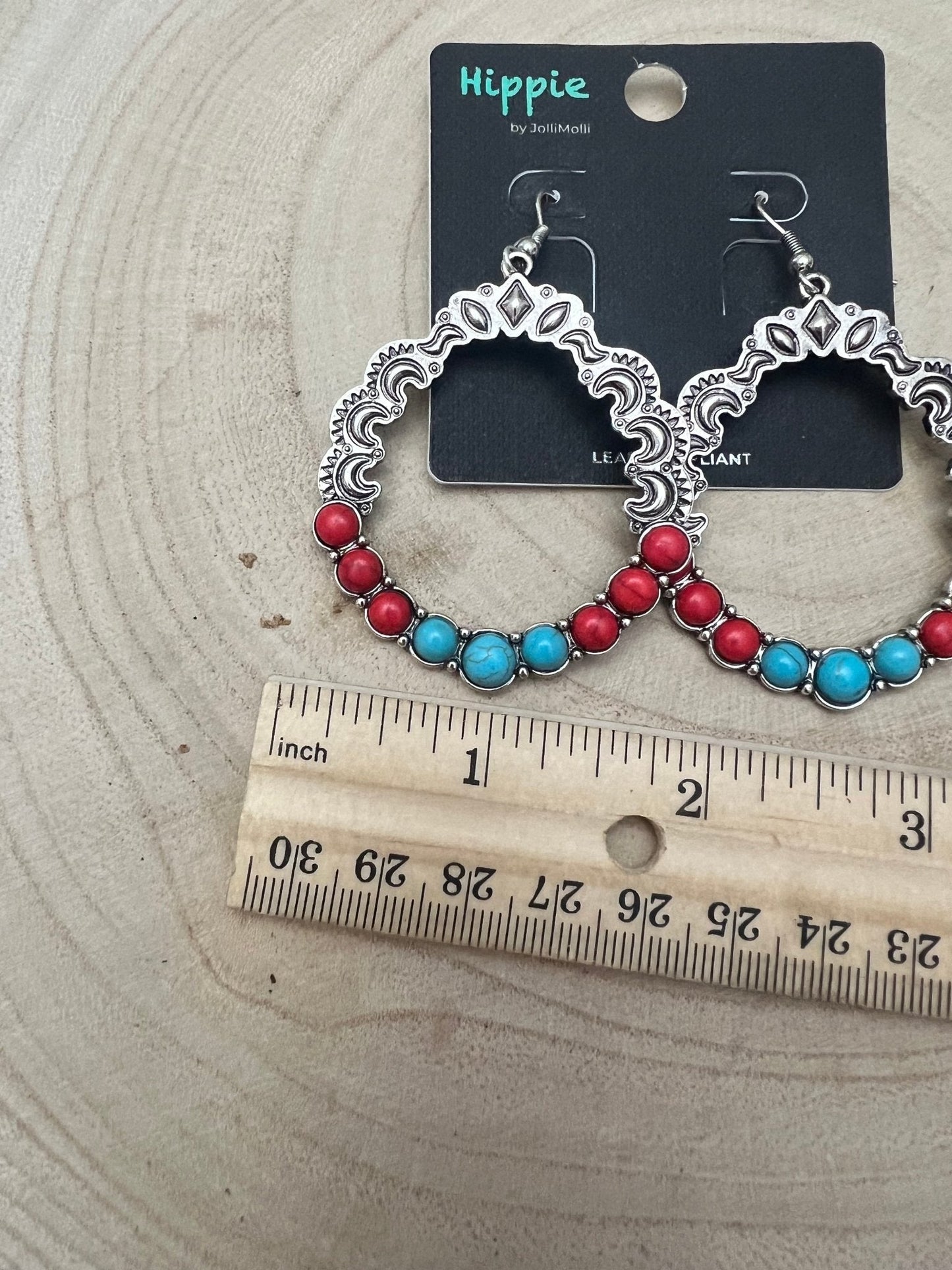 Faux Turquoise and Coral Hoop Earring - 1 3/4 inch drop