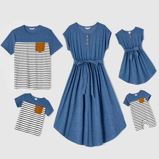 Family Matching Blue Cap-sleeve Belted Midi Dresses and Tee: Blue