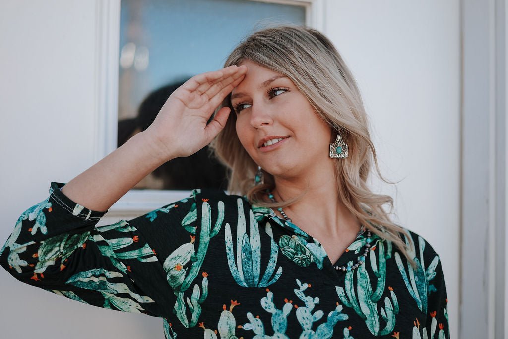 Green Cactus Bulgari V Neck Collared Top