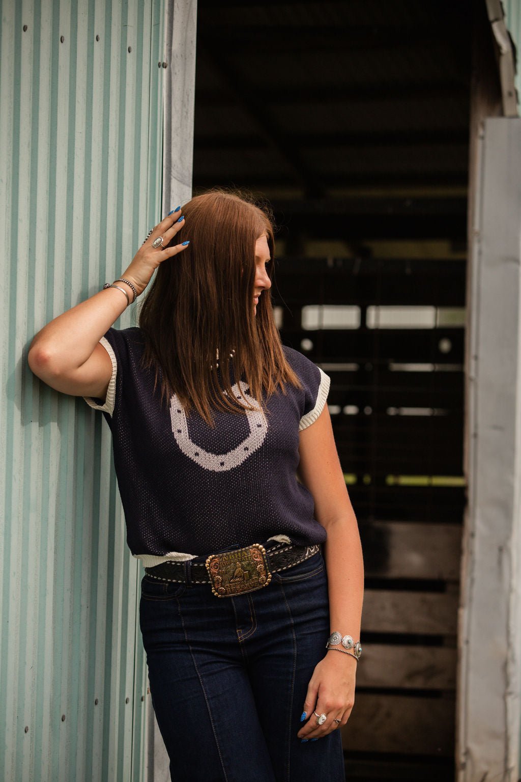 Horseshoe Short Sleeve Knit Sweater