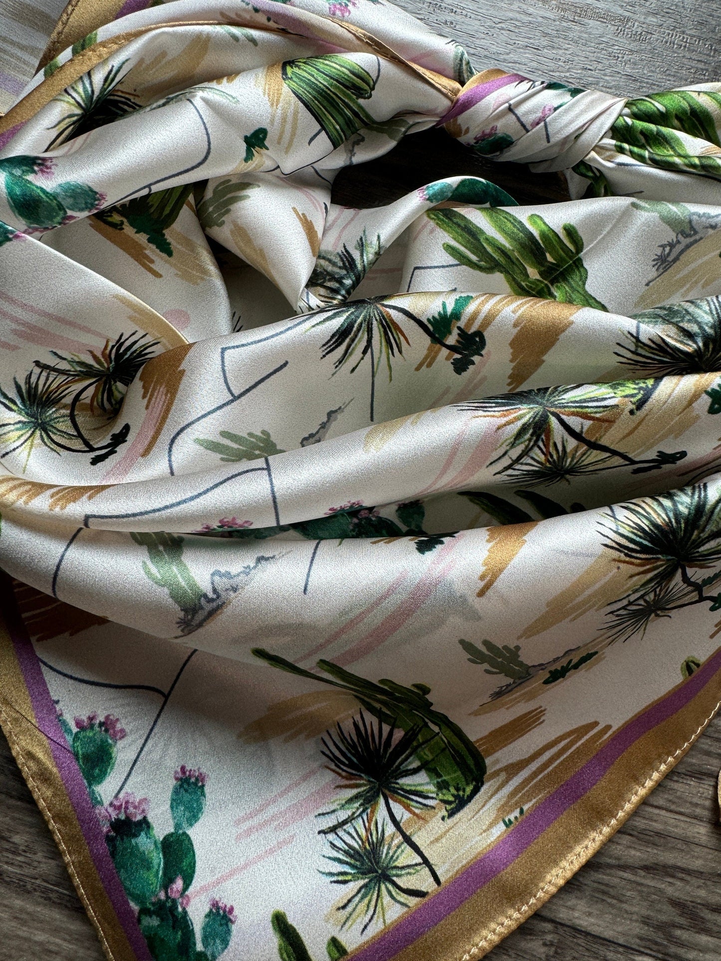 100% Silk Wild Rag Green and Gold Vintage Desert cactus  by Double B Wild Rags