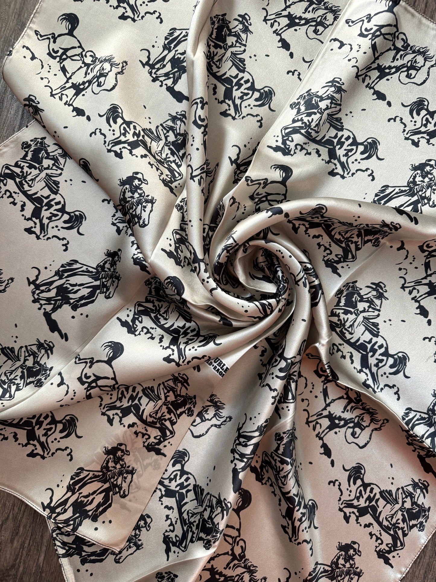 100% Silk Wild Rag “Ride ‘em Cowgirl” black and tan by Double B Wild Rags