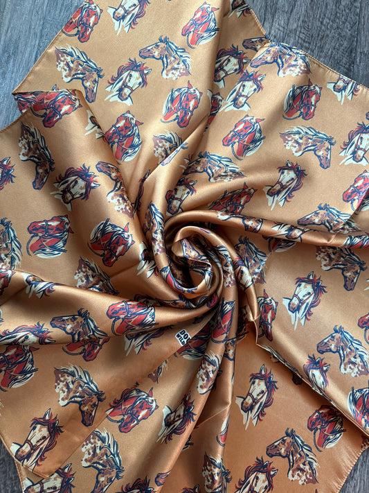 100% Silk Wild Rag “cow ponies” horse head pattern by Double B Wild Rags dark gold, rust, ivory, black
