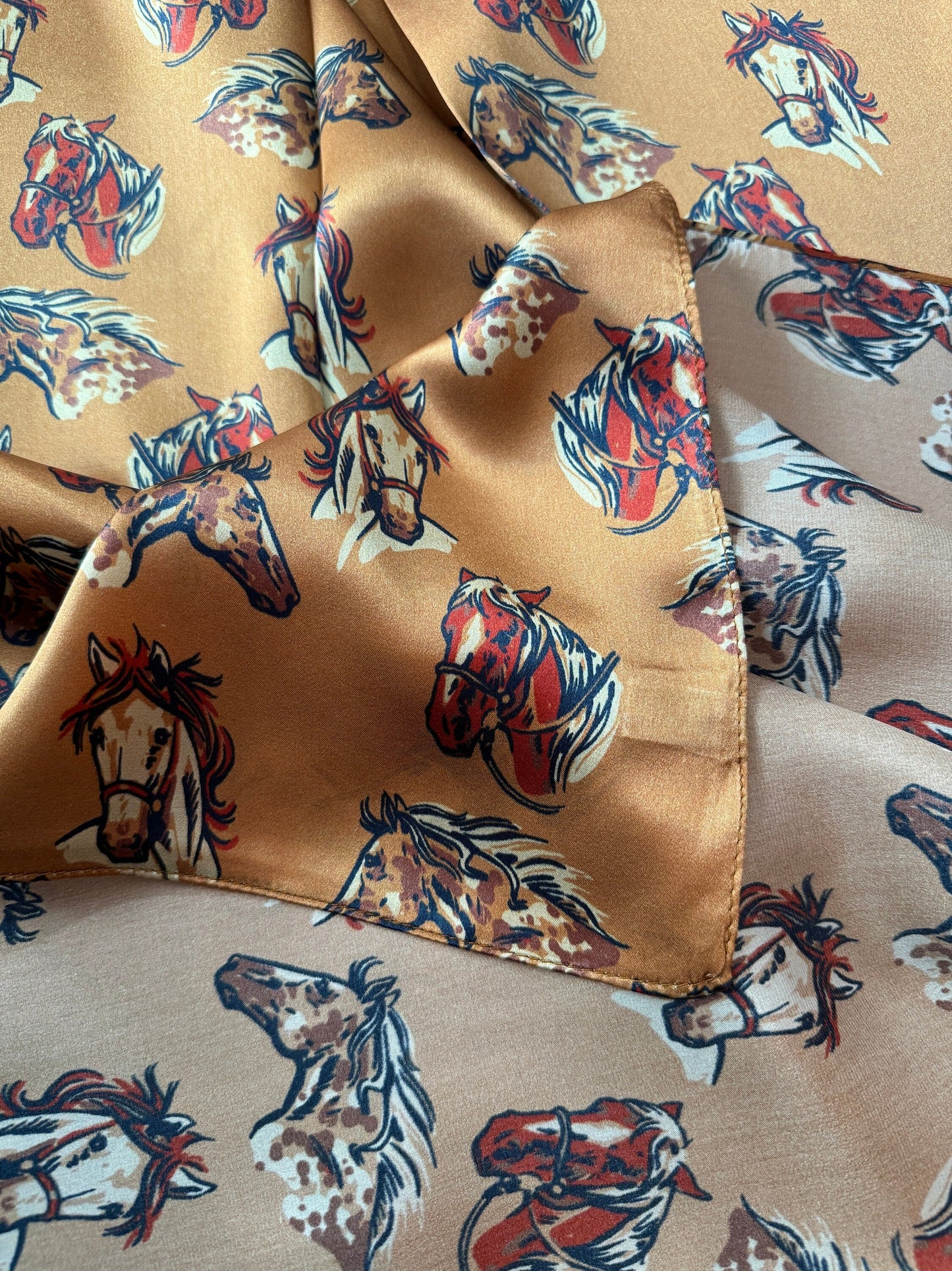 100% Silk Wild Rag “cow ponies” horse head pattern by Double B Wild Rags dark gold, rust, ivory, black