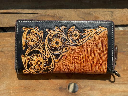 Western Wristlet wallet zipper closure tooled floral leather details by Double B Wild Rags